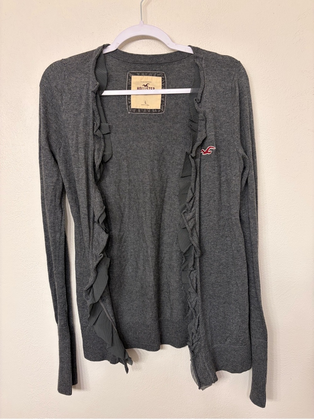 Y2K Hollister Women's Grey Ruffle Cardigan Sweater Size L Long Sleeve